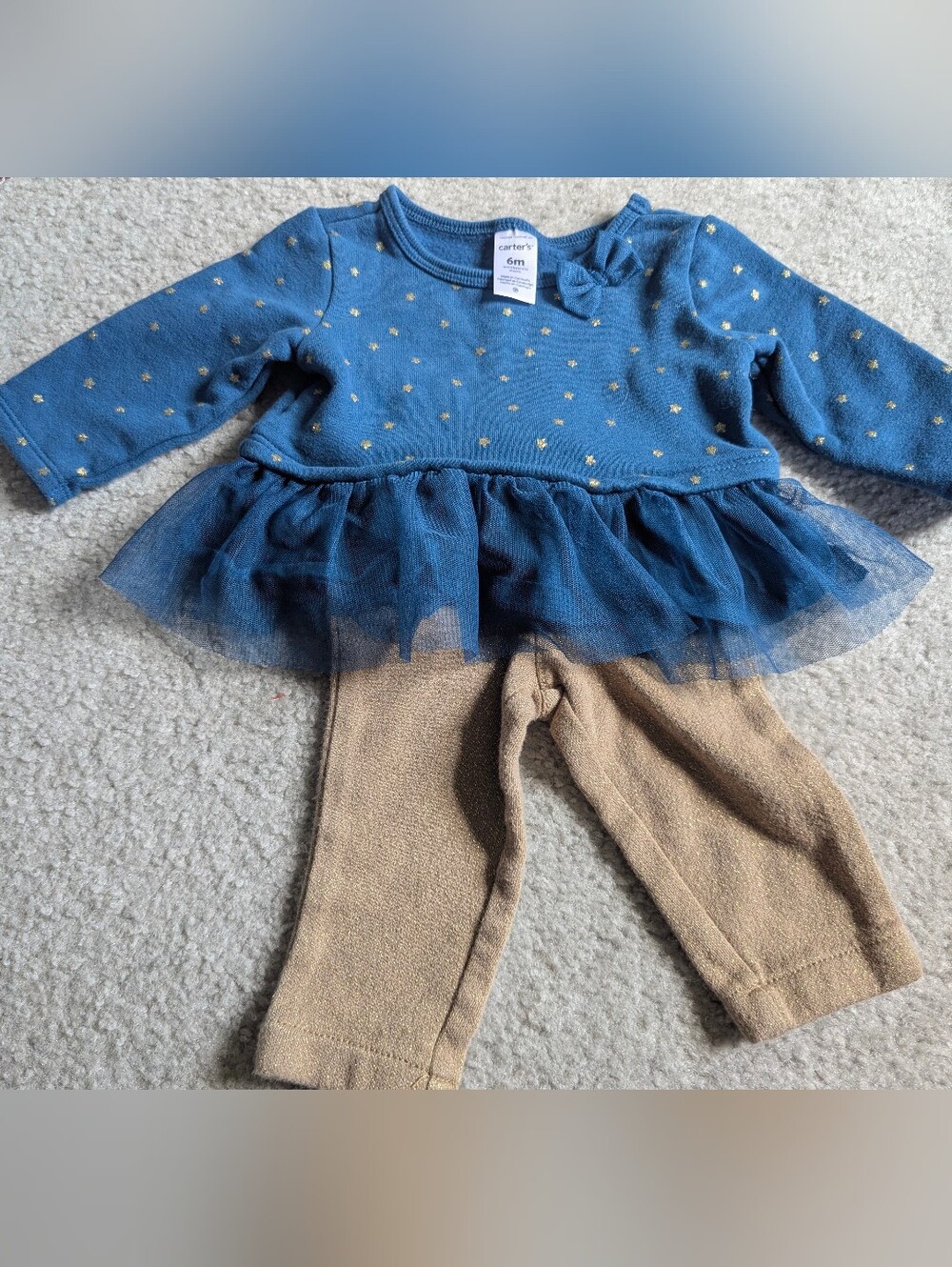 Carter's Blue Tulle Peplum Top with Gold Glitter Pants Set (6m)